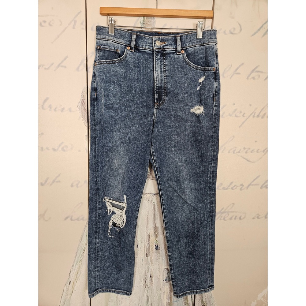 Express Super High Rise Mom Jeans Medium Wash Distressed Ripped Size 6 Cropped
